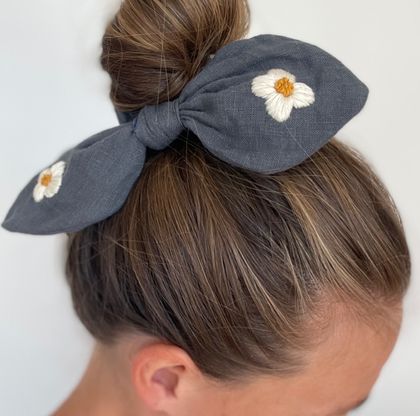 Navy Hair Scrunchie with Embroidered Daisy